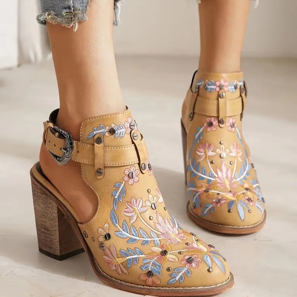 Embroidered Tan Ankle Boots - Picture 1 of 10